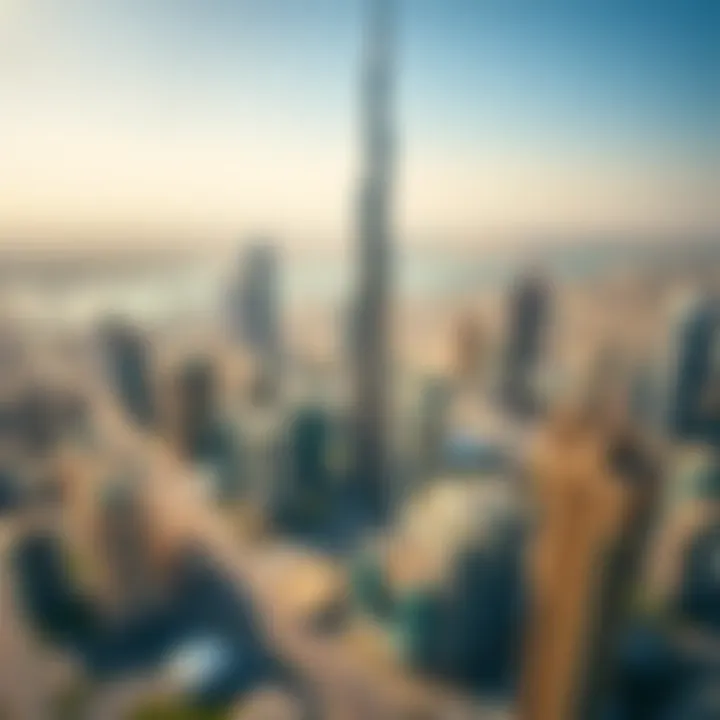 Dubai Skyline Featuring Al Attar Tower Aerial perspective of Dubai skyline with Al Attar Tower prominently featured