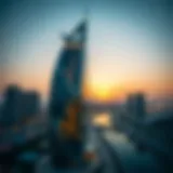 View of Al Attar Tower at sunset showcasing its unique architectural design