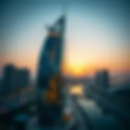 View of Al Attar Tower at sunset showcasing its unique architectural design