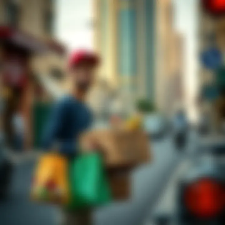 Delivery person with food bags in a Dubai street