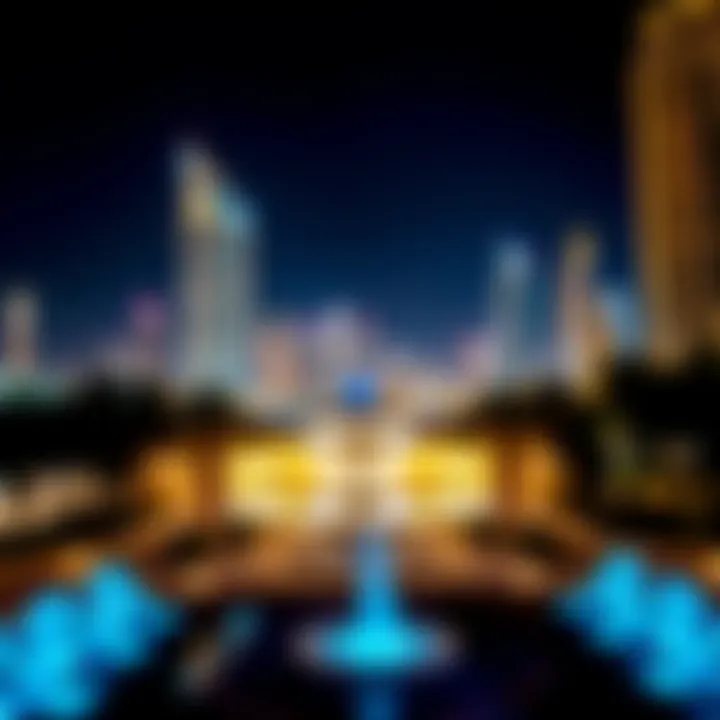 Night view of Binghatti Crystals illuminated against the Dubai skyline