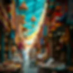 Vibrant market scene in Meena Bazaar showcasing colorful textiles and goods