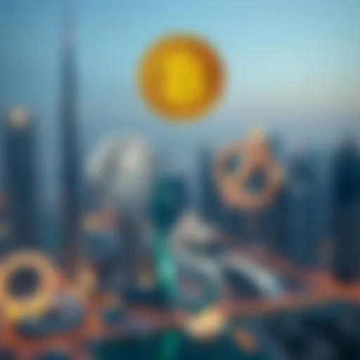 Digital representation of cryptocurrency symbols intertwined with Dubai skyline