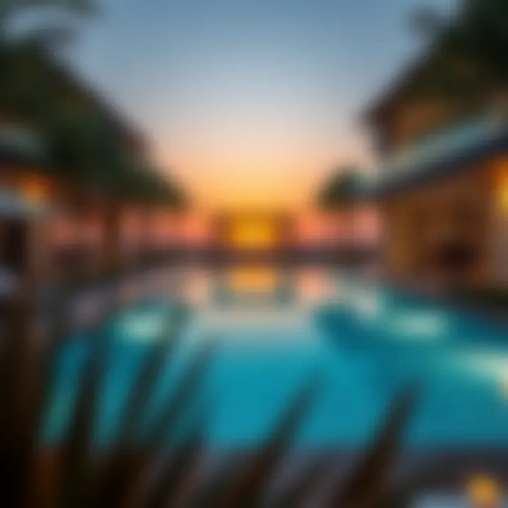 Serene Poolside Views in Dubai Villas Breathtaking pool area of a villa in Dubai set against a sunset