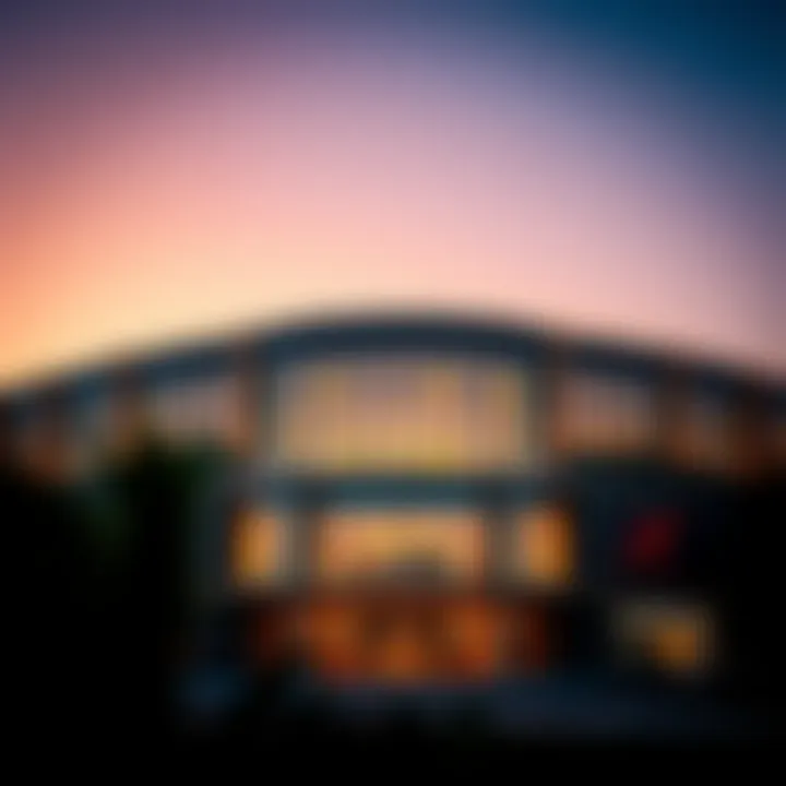The architectural facade of the Karama Centre at sunset