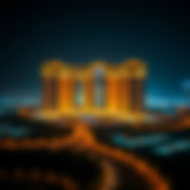 Completed Mega Project Illuminated at Night Panoramic view of a completed mega project at night