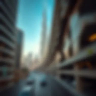 View of Burj Khalifa and Parking Structures A striking view of Burj Khalifa with adjacent parking facilities highlighting urban development