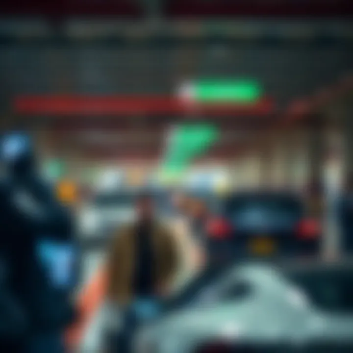 Visitor Experience in Parking Visitors navigating the parking lot with luxurious vehicles showcasing the upscale environment