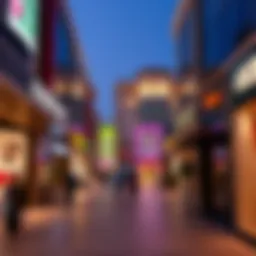 A bustling retail area in International City showcasing diverse shops