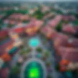 Aerial view of the Dubai Irish Village showcasing its vibrant architecture