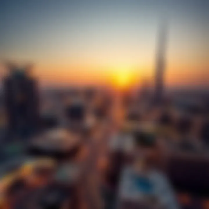 Panorama of Dubai's Real Estate Landscape A panoramic view of Dubai's real estate landscape at sunset.