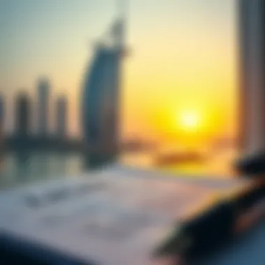 Legal Documents in Dubai A close-up of legal documents on a desk with a Dubai landmark in the background