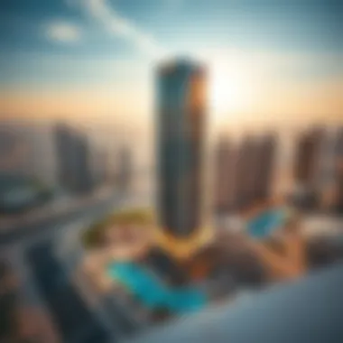Aerial view of Sahara Towers highlighting its strategic location in Dubai