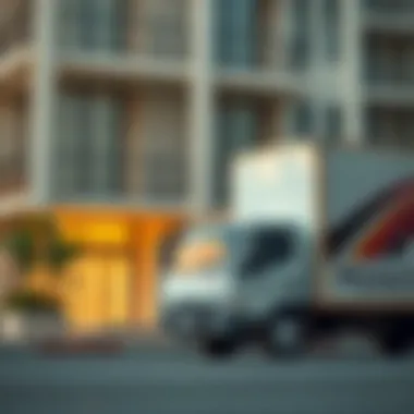 Modern Moving Services A moving truck parked in front of a modern apartment